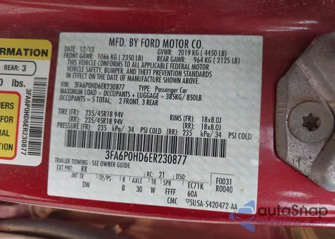 2014 Ford Fusion Se из США, поврежденный, VIN 3FA6P0HD6ER230877